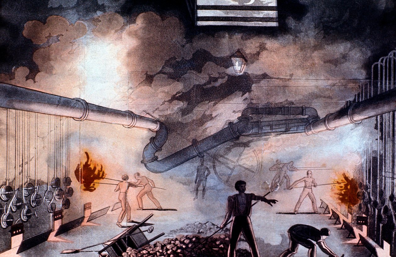 Charging retorts at the Gas Light Establishment, Brick Lane, London by Colin Mackenzie