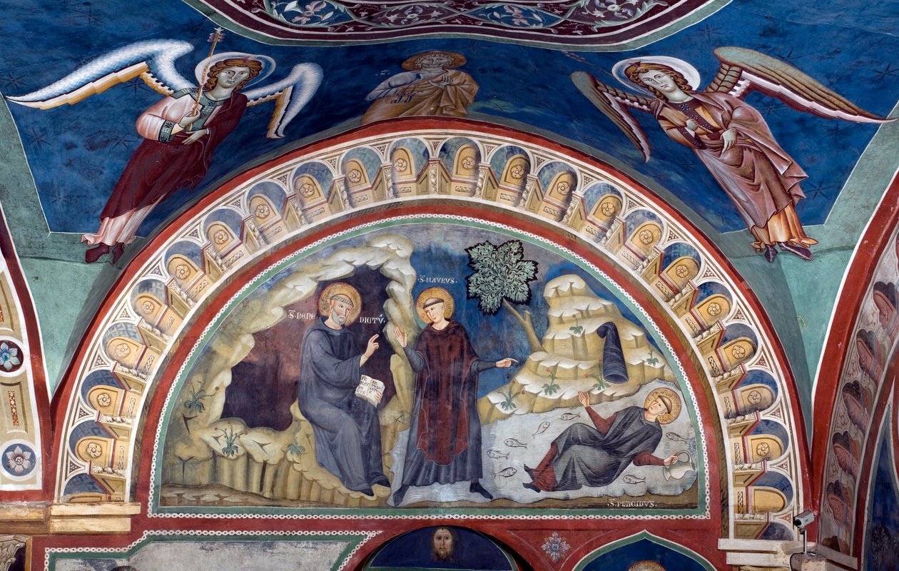 The miracle of Saint Placide. Saint Benedict of Nursia, thanks to the intervention of Saint Maur his first disciple, saves the young Placide caught in the stream of a lake. Fresco by Master Consolo (13th century) by Consolo 
