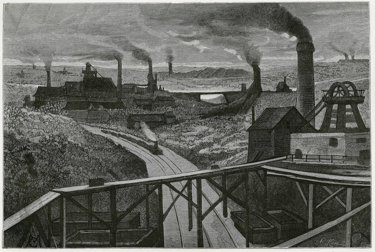 Coal mining and terrils (aspects of the contree boraine). Engraving by Constant Meunier, to illustrate the story 