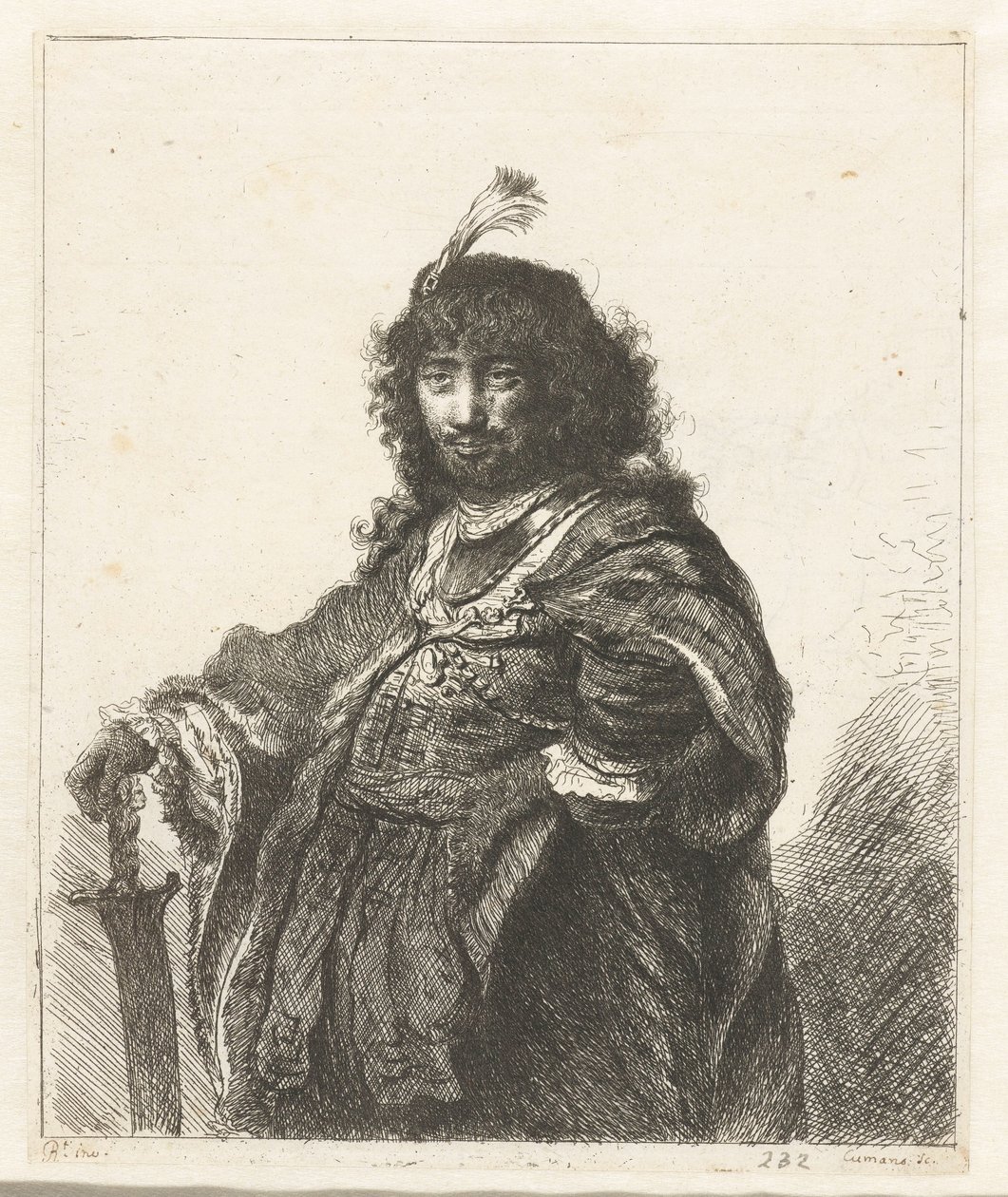 Self-Portrait (?) with Plumed Cap and Lowered Sabre by Constantino Cumano