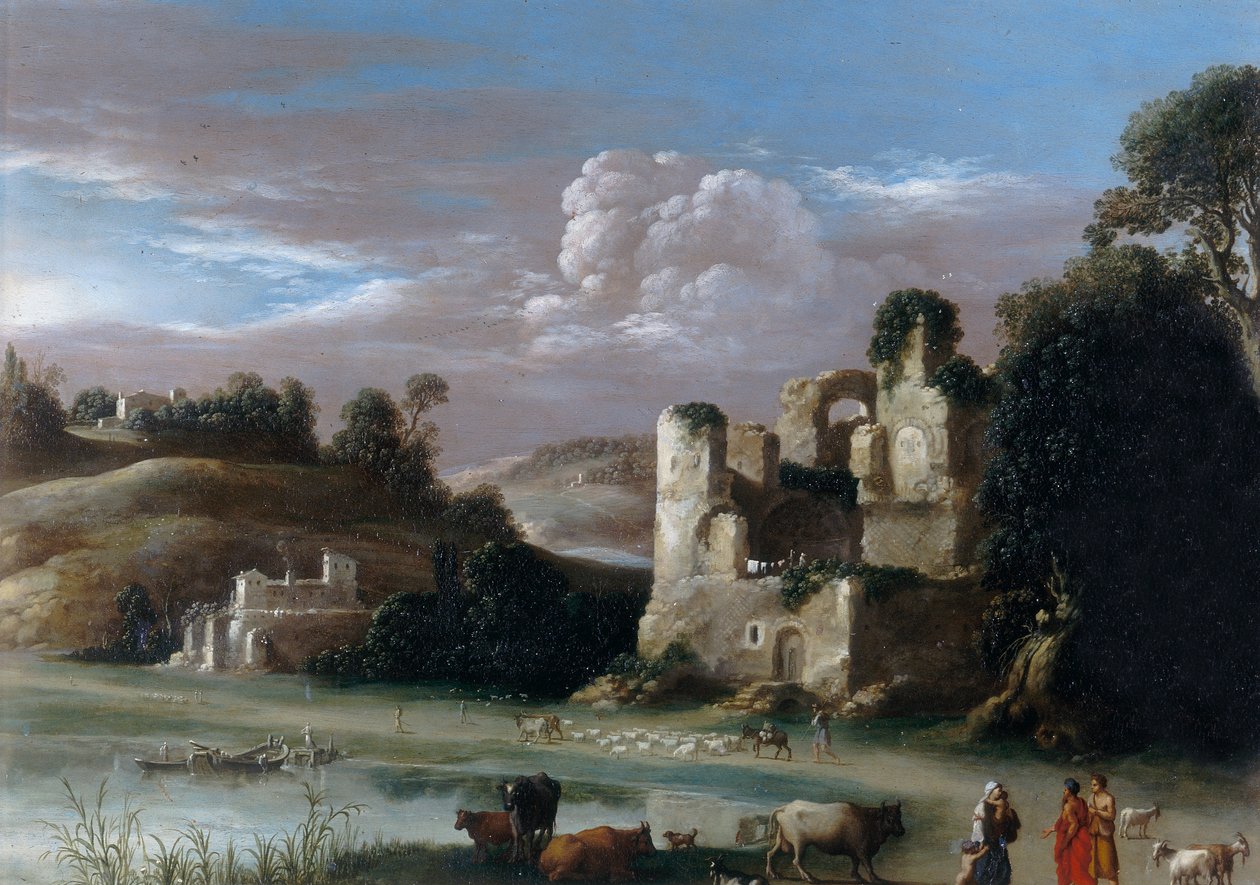 Landscape with Ruins and Shepherds by Cornelis van Poelenburgh or Poelenburch