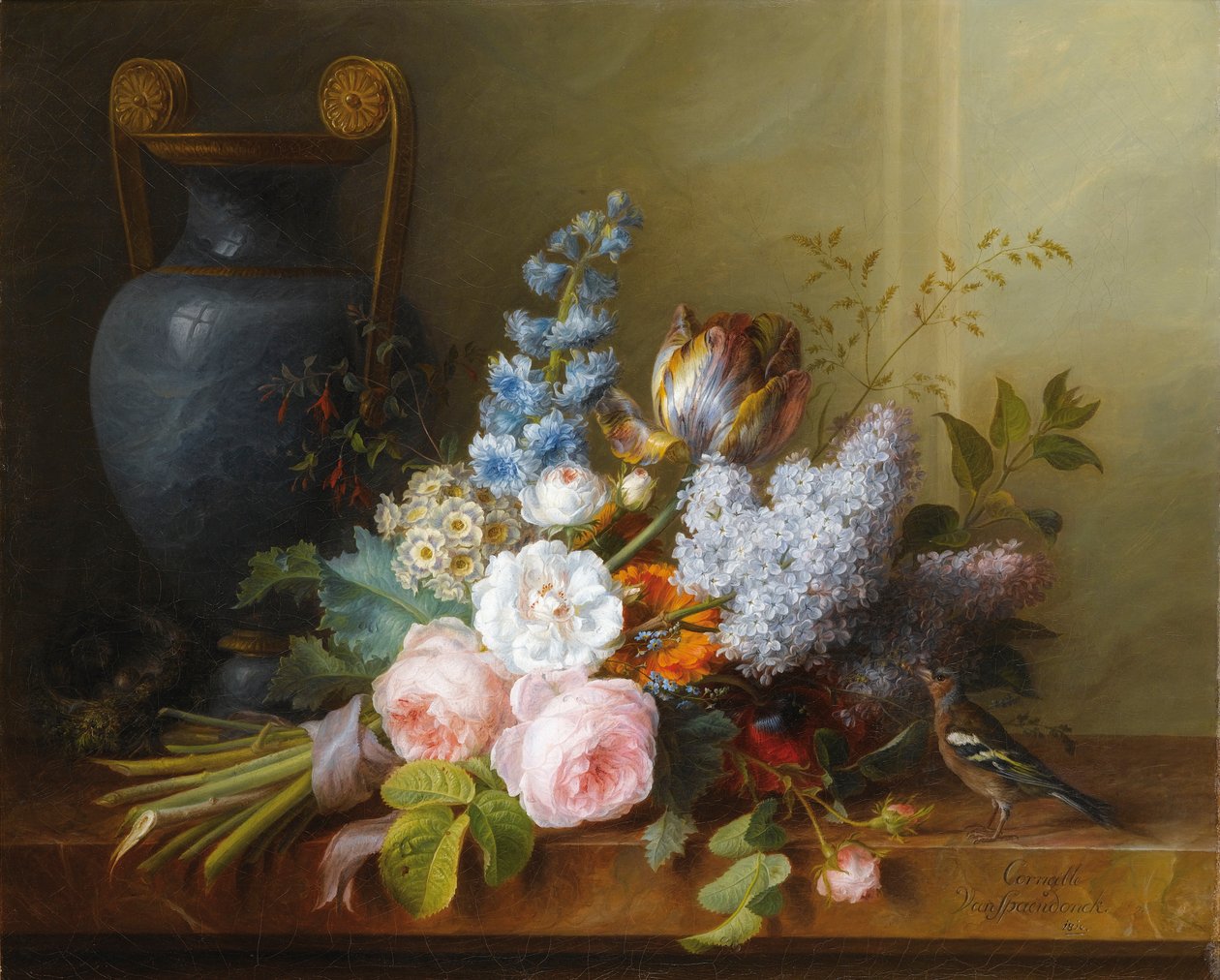 Flower Bunch with a Bird Nest by Cornelis van Spaendonck