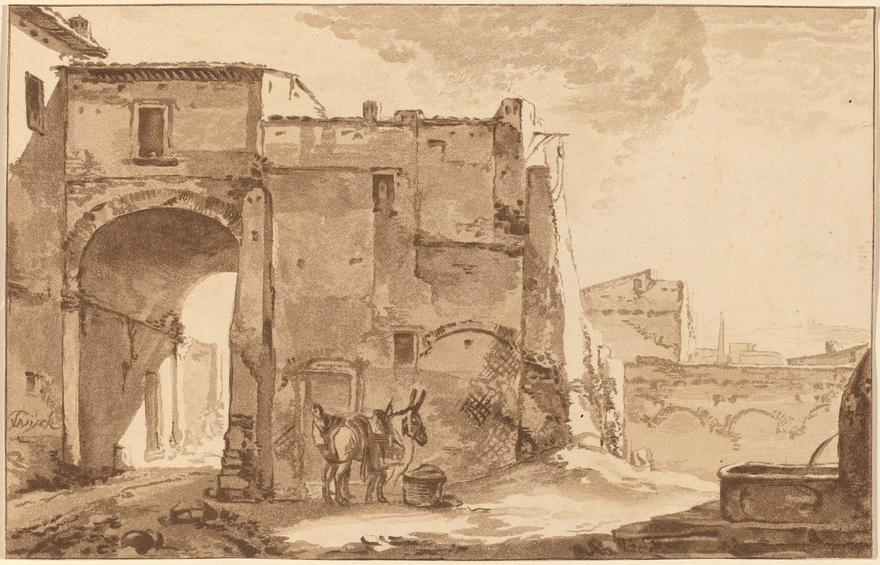 Gateway with Traveler and Mule, 1781, published 1782 by Cornelis Brouwer