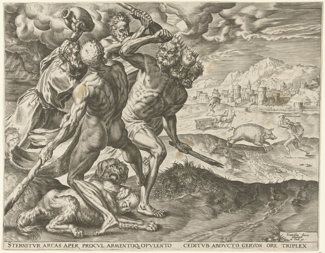 Hercules Kills Geryon and His Dog (Works of Hercules series) by Cornelis Cort