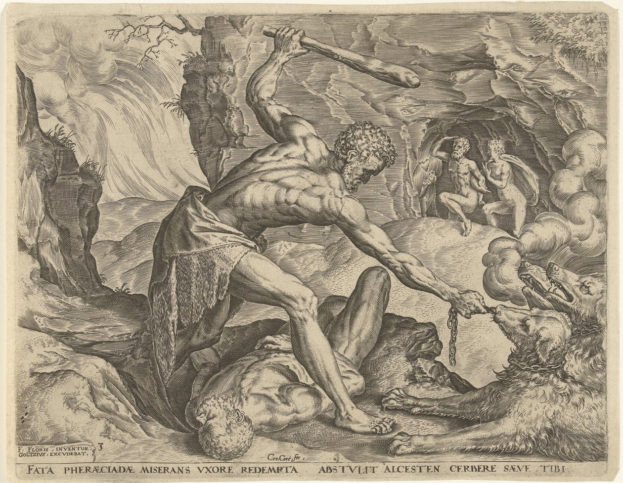 Hercules Dragging Cerberus from Hell, Works of Hercules (series title) by Cornelis Cort