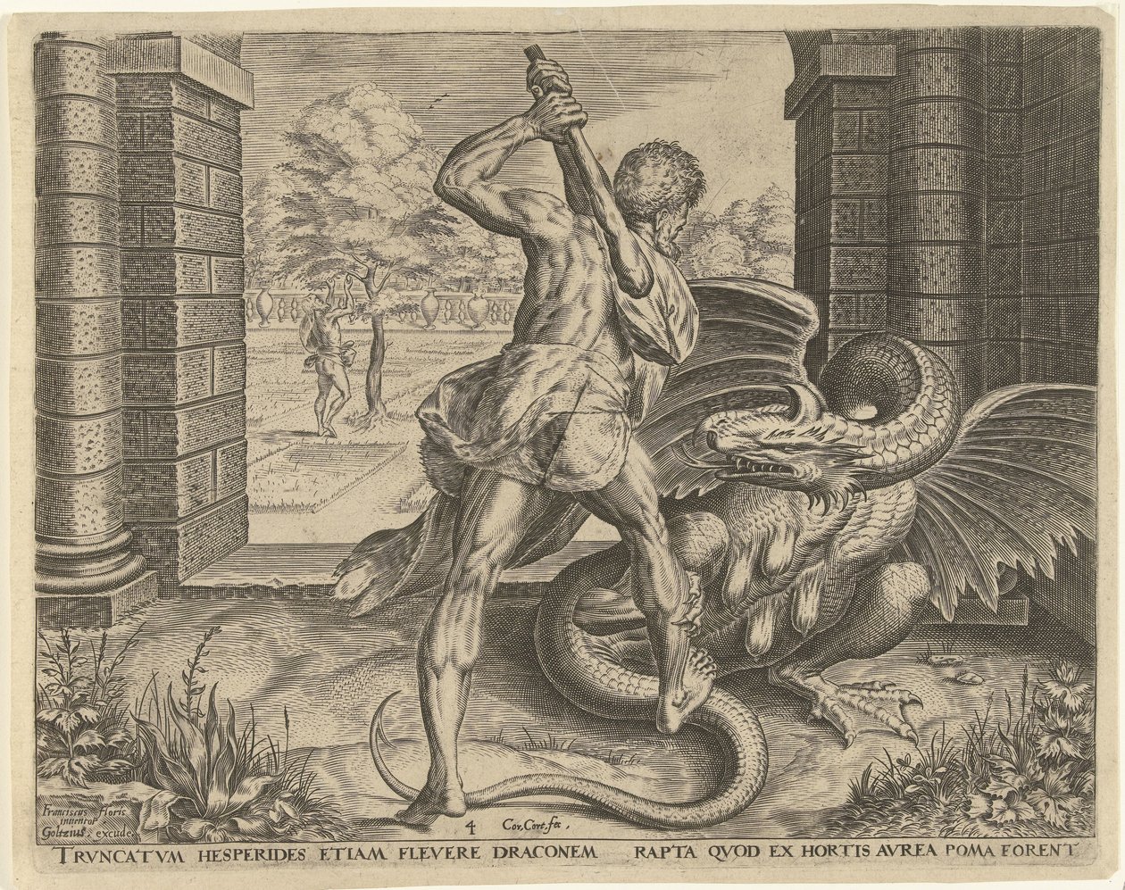Hercules Steals the Golden Apples of the Hesperides Works of Hercules (series title) by Cornelis Cort