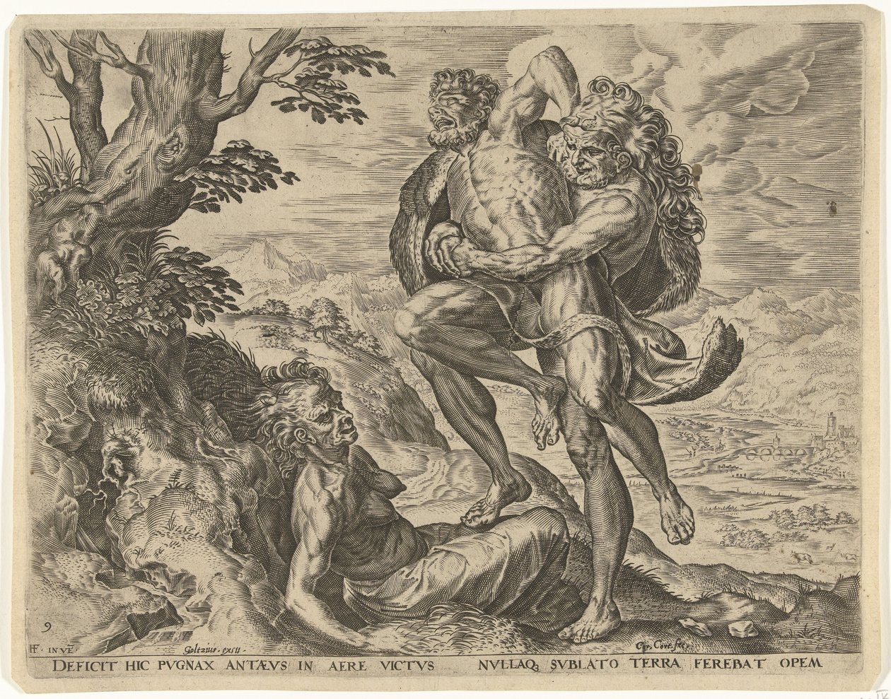 Hercules Wrestling with Antaeus (Works of Hercules) by Cornelis Cort