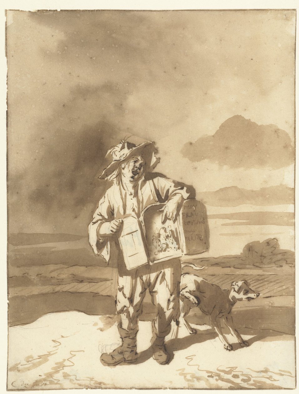 A Young Man with a Peepshow and a Dog by Cornelis Dusart