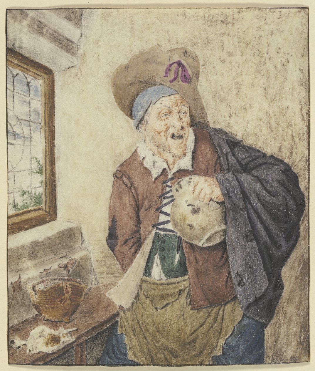 Ragged Farmer by a Window, Jug in Hand by Cornelis Dusart