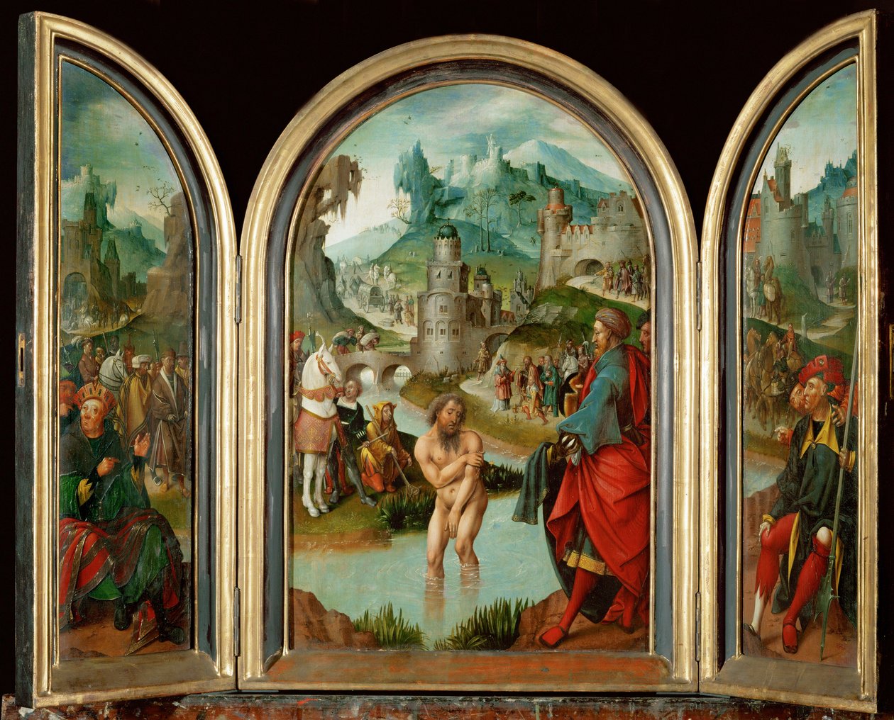 Der Prophet Elisa heilt den syrischen Hauptmann Naeman von Lepra im Jordan von Cornelis Engebrechtsz