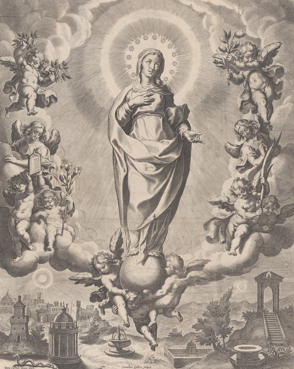 The Virgin in Glory, standing on clouds and surrounded by angels holding the symbols by Cornelis Galle I