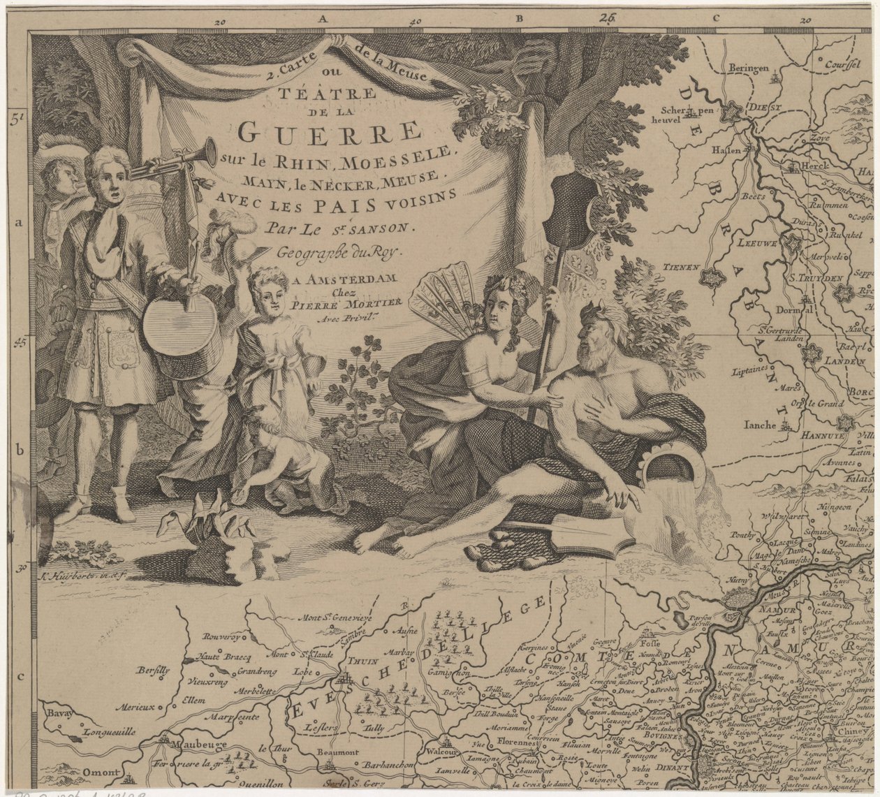 Map of the Region East and South of Brussels and the County of Namur (top left sheet), Carte de la Meuse ou Théâtre de la Guerre sur le Rhein, Moessele, Mayn, le Necker, Meuse avec les pais voisins (title on object) by Cornelis Huyberts