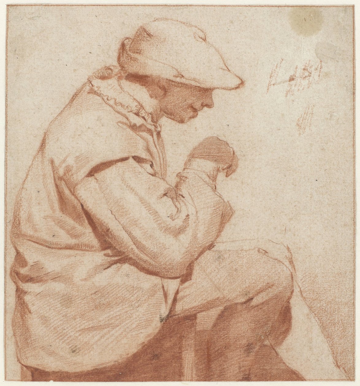 Seated Man with a Soft Cap, in Profile to the Right, with His Right Hand Raised by Cornelis Pietersz. Bega (attributed to)