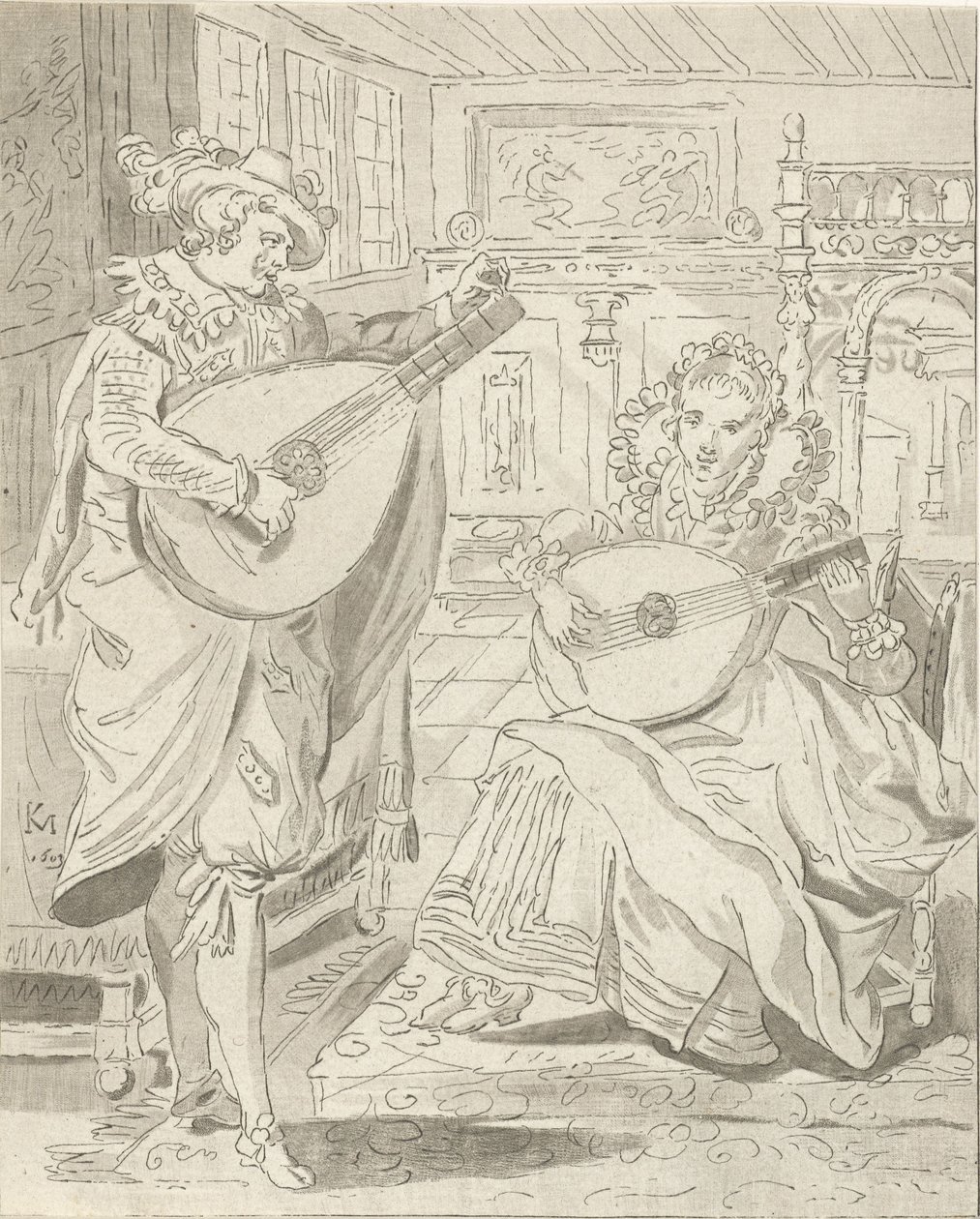 Man and Woman Playing Lute by Cornelis Ploos van Amstel