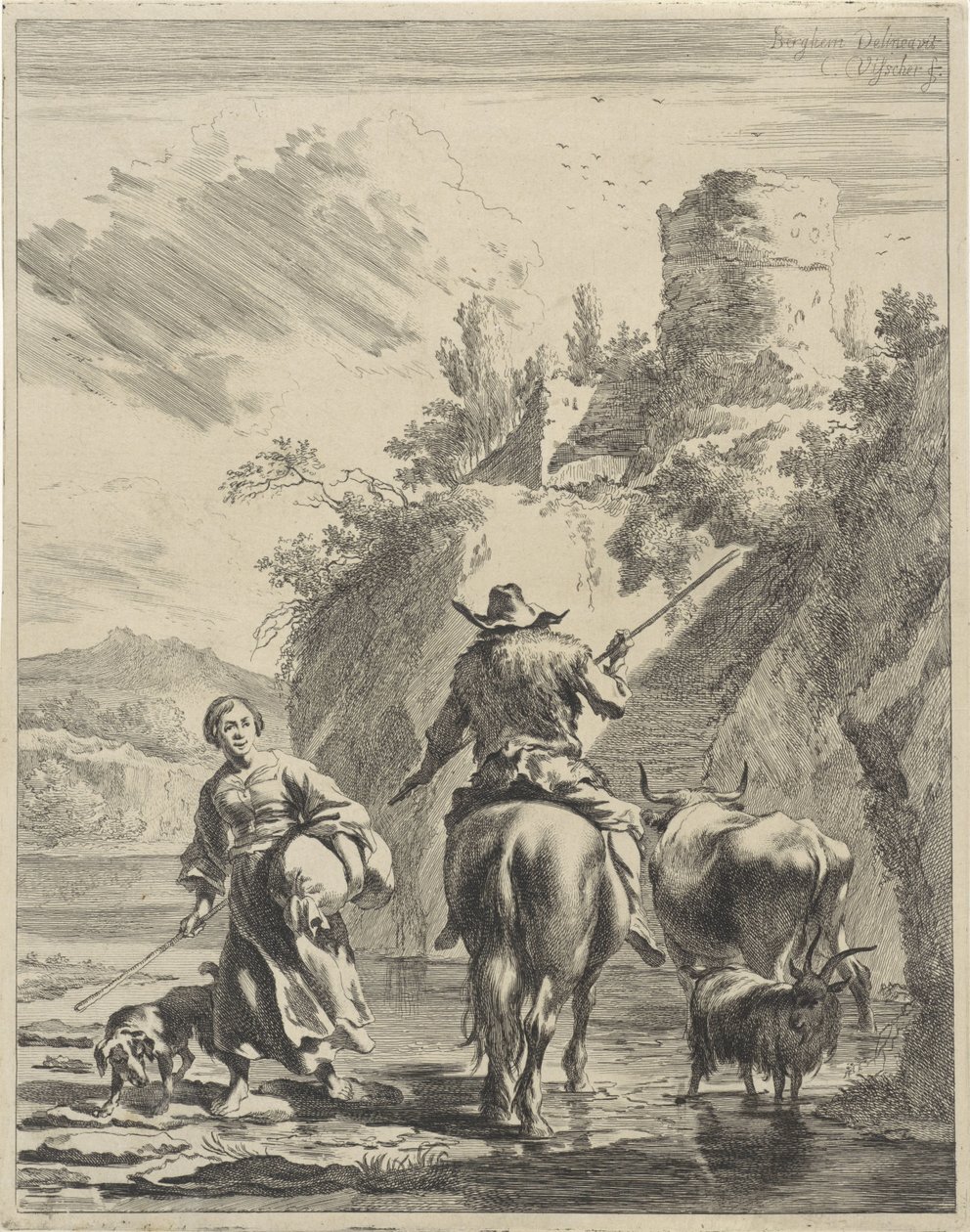 Shepherd and Shepherdess by a Fort (Rolling Landscapes) by Cornelis Visscher (II)