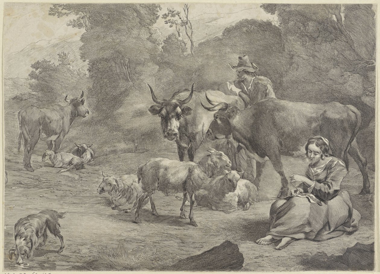 Landscape with a Shepherd and a Sewing Shepherdess by Cornelis Visscher (II)