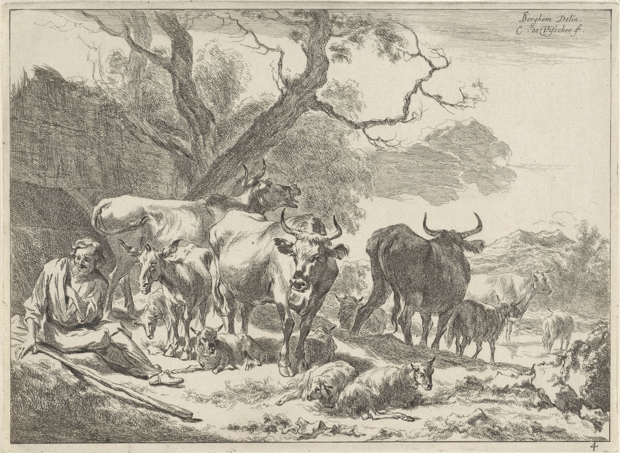 Resting Old Shepherd with His Flock by Cornelis Visscher (II)