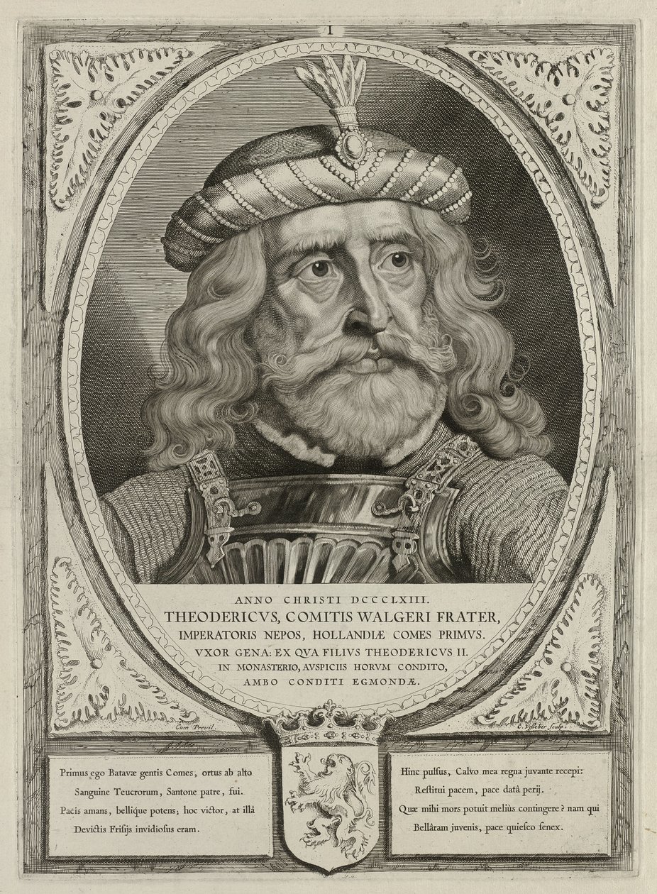 Dirk I, Count of Holland, in Armor. The Frame is Decorated with the Coat of Arms of Holland. by Cornelis Visscher