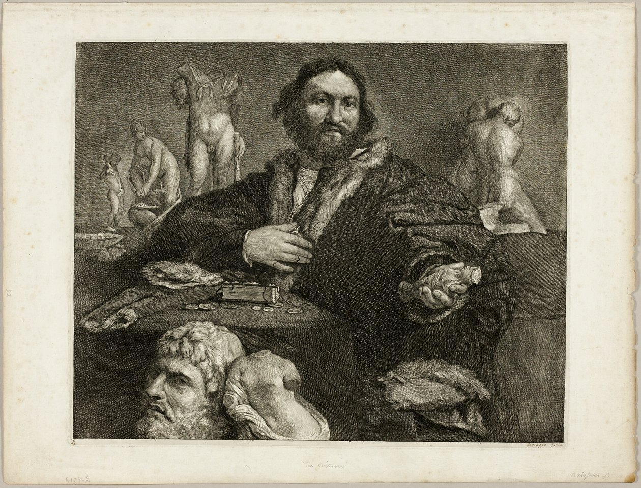 Portrait of Andrea Odoni, from Cabinet Reynst; Engravings of various images painted by famous artists by Cornelis Visscher