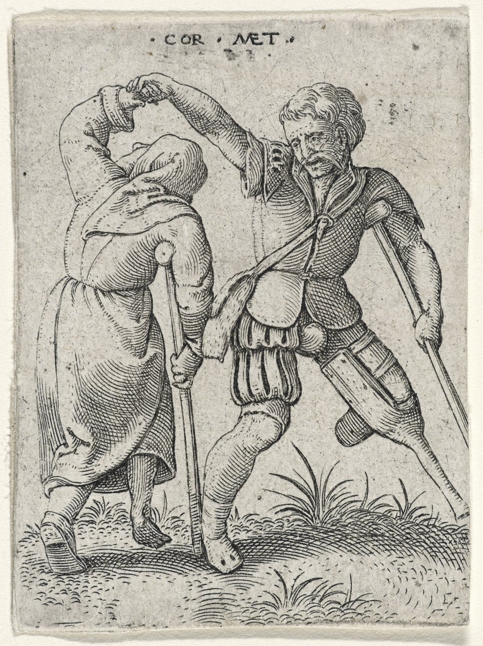 A Man with a Wooden Leg Turning a Lame Woman Under His Arm, 1572 by Cornelis after Massys
