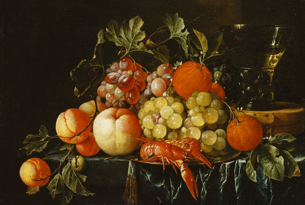 Peaches, Oranges, Grapes and Langoustines on a Pewter Plate and a Conical Roemer on a Box on a Partially Draped Ledge by Cornelis de Heem