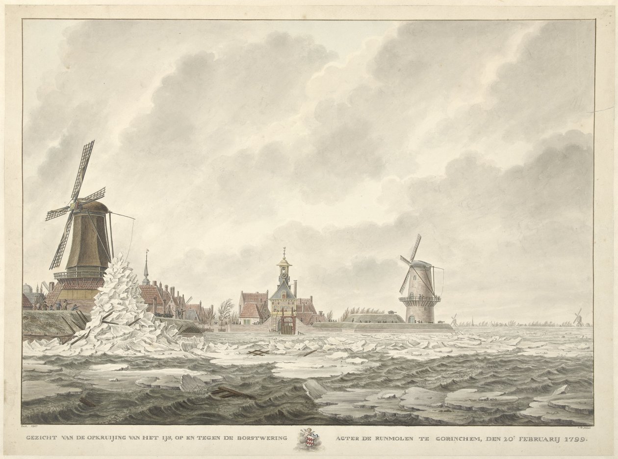 View of the Ice Drift, on and Against the Breastwork Behind the Runmolen in Gorinchem, February 20, 1799 by Cornelis de Jonker