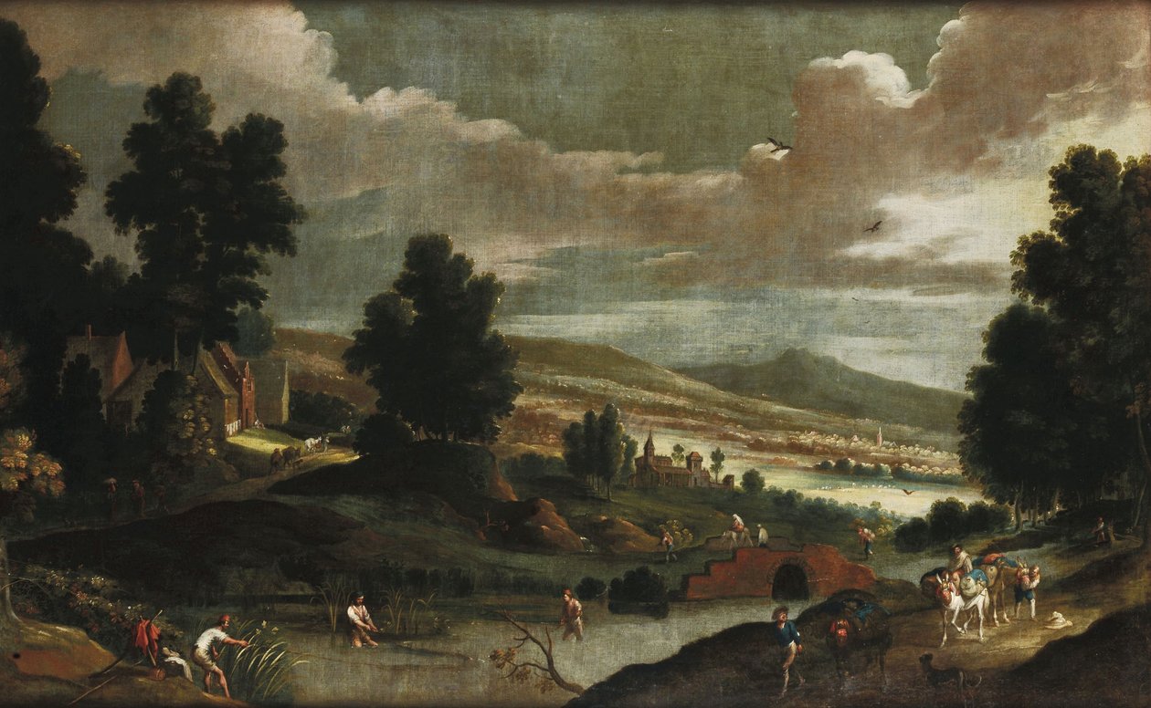 Landscape with Wayfarers and Fishermen by Cornelis de Wael