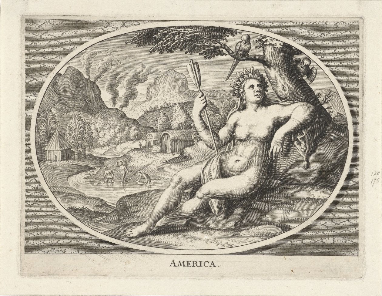 Female Personification of the Continent America as a Woman with Feather Headdress and Arrow in Landscape by Cornelis van Dalen (II)