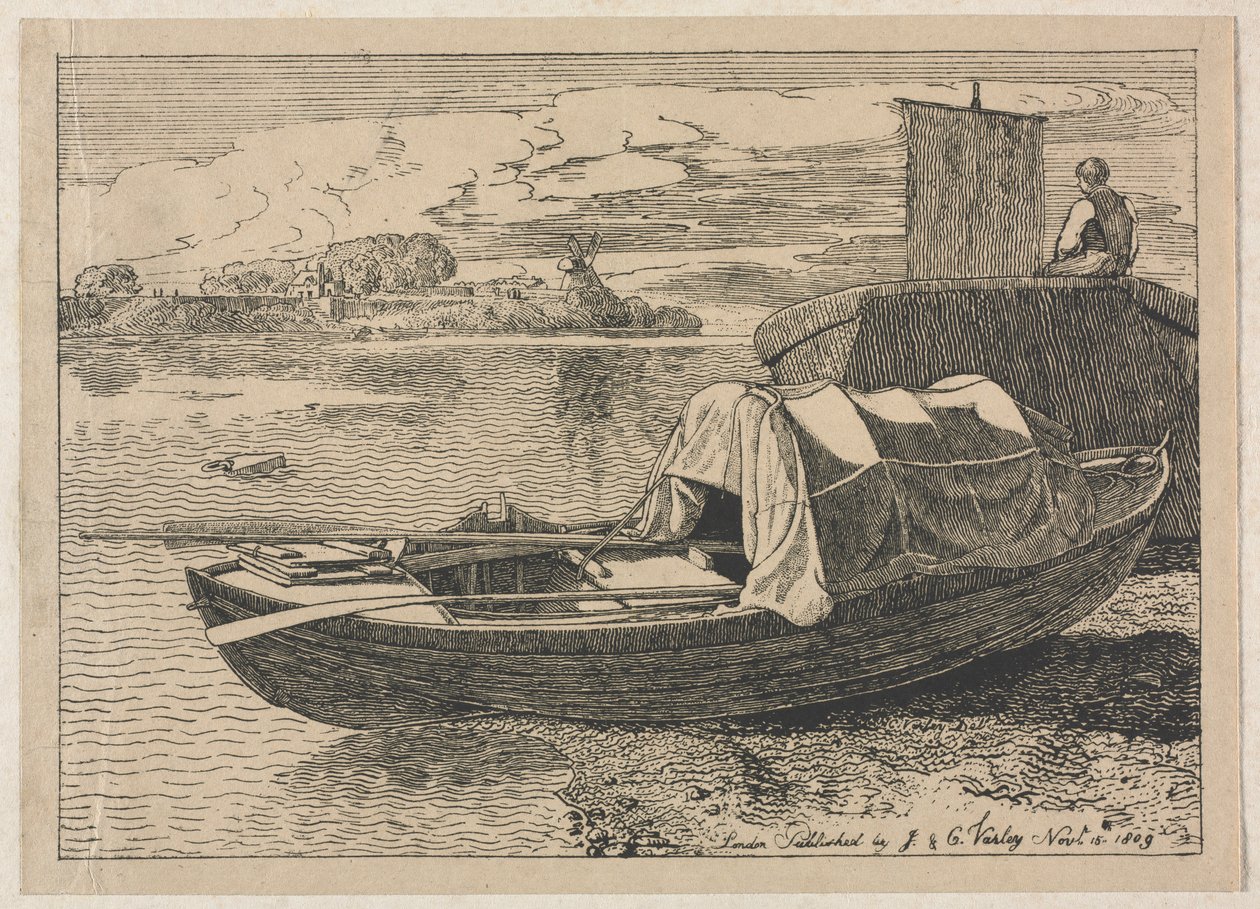 Boats on a River, Windmill in Distance by Cornelius Varley