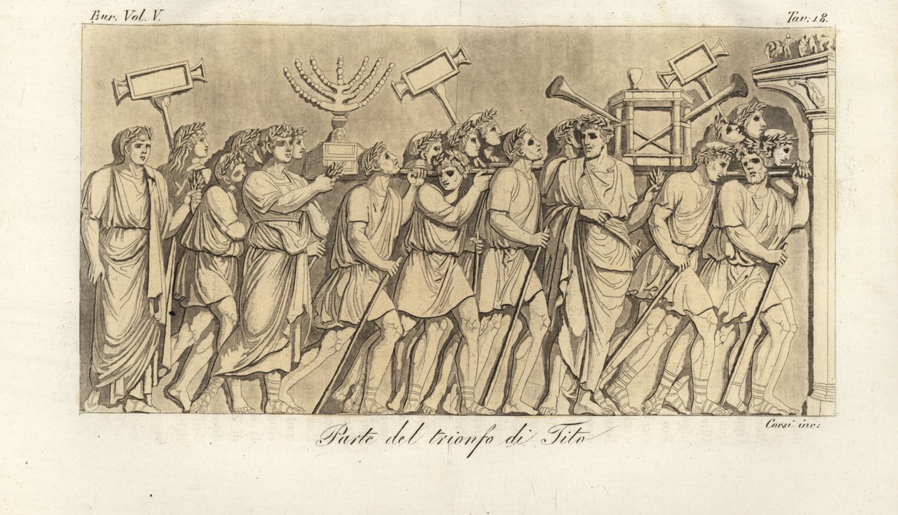 Roman soldiers march in procession with spoils of war on the Arch of Titus, the arch of triumph celebrating Emperor Titus’s victory over Jerusalem by Corsi Corsi