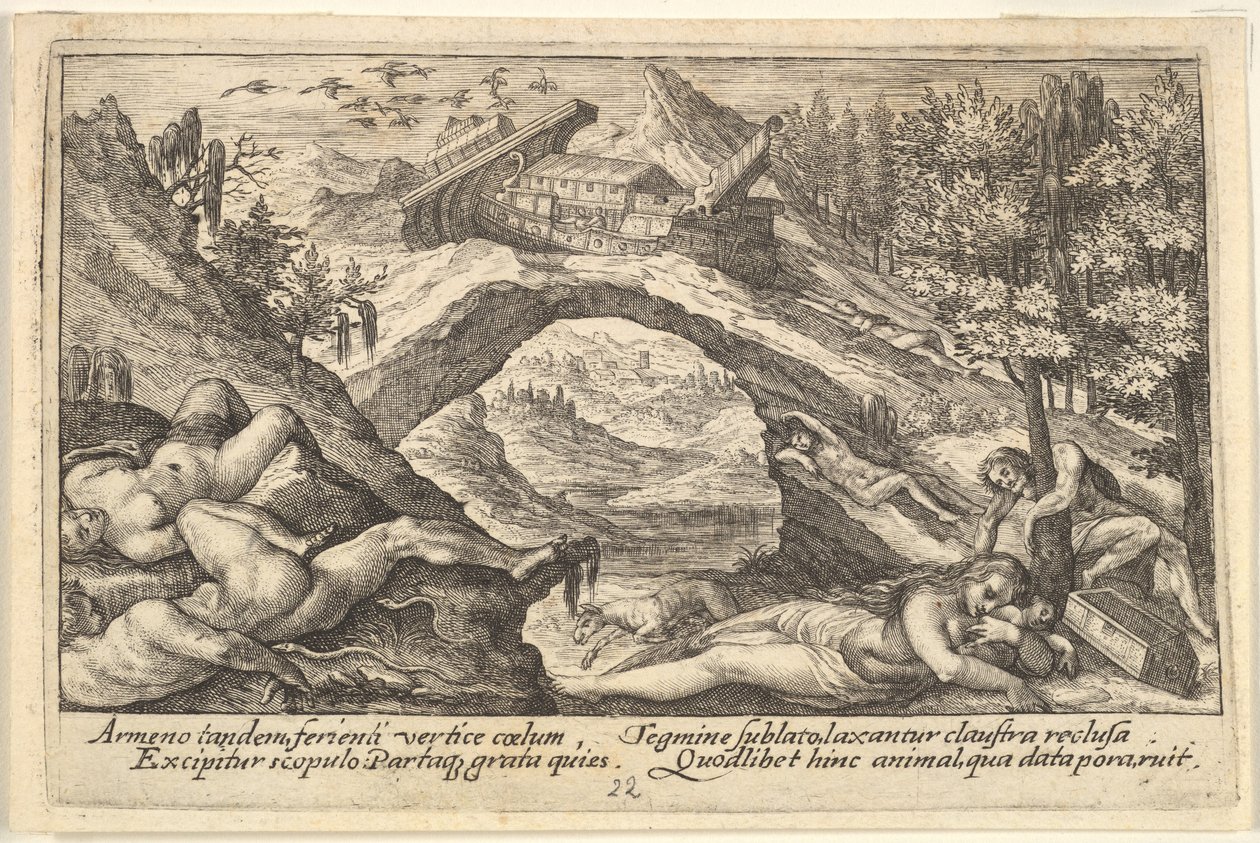 Aftermath of the Flood: human bodies strewn on dry land in the foreground, Noah