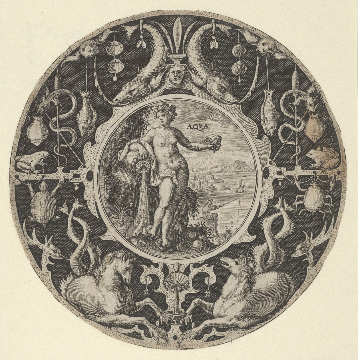 Aqua in a Decorative Border with Sea Creatures, from a Series of Circular Designs by Crispijn de Passe I