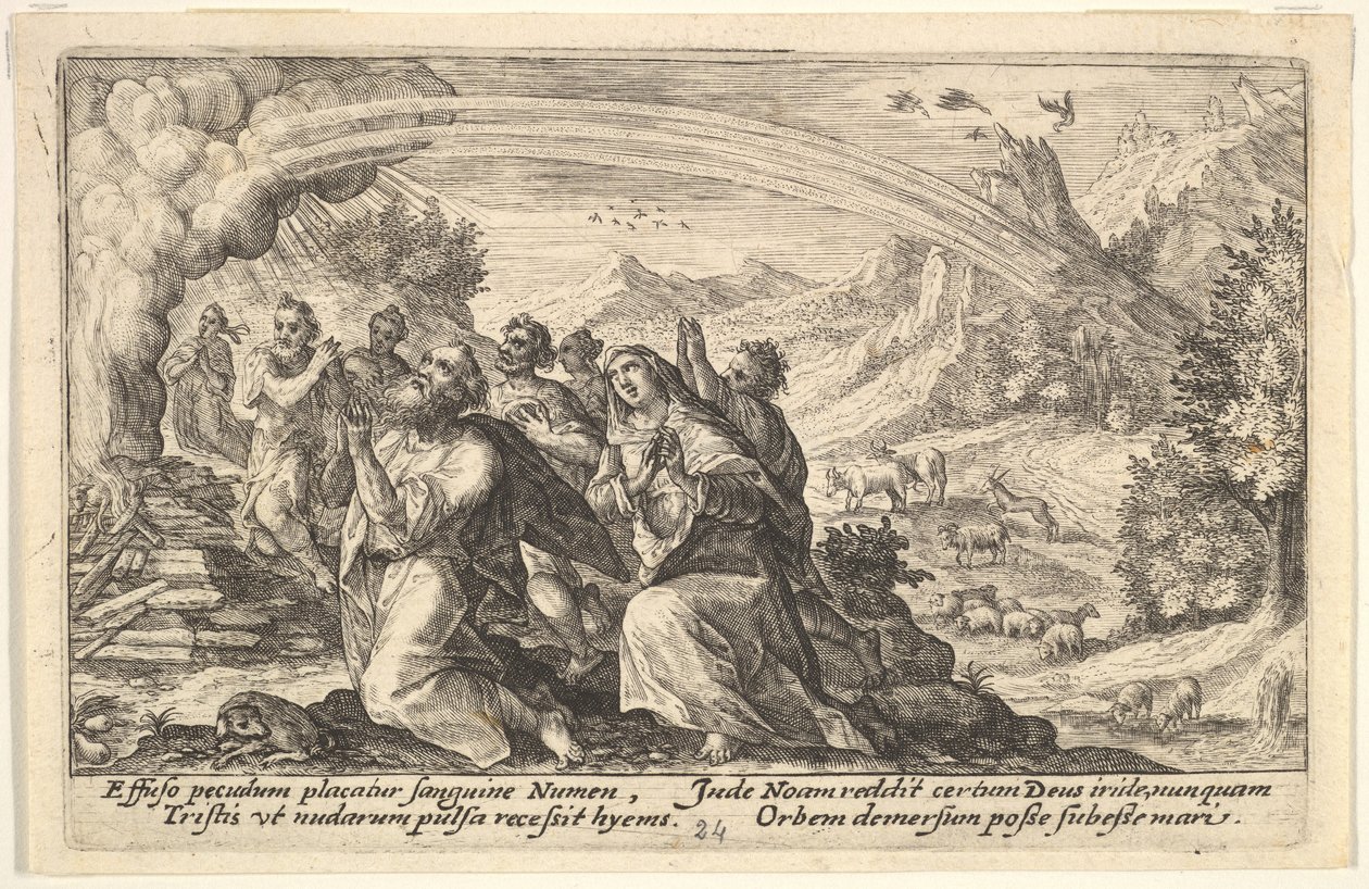 God enters into a covenant with Noah: next to a smoking pyre Noah kneels in a gesture of p... by Crispijn de Passe I