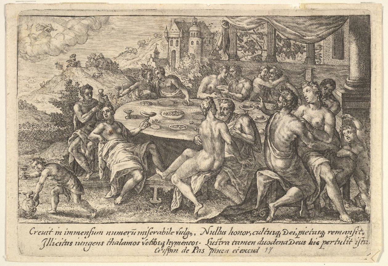 Mankind Surrendering to Lechery Before the Flood: Embracing Couples on Benches Around a Table by Crispijn de Passe I