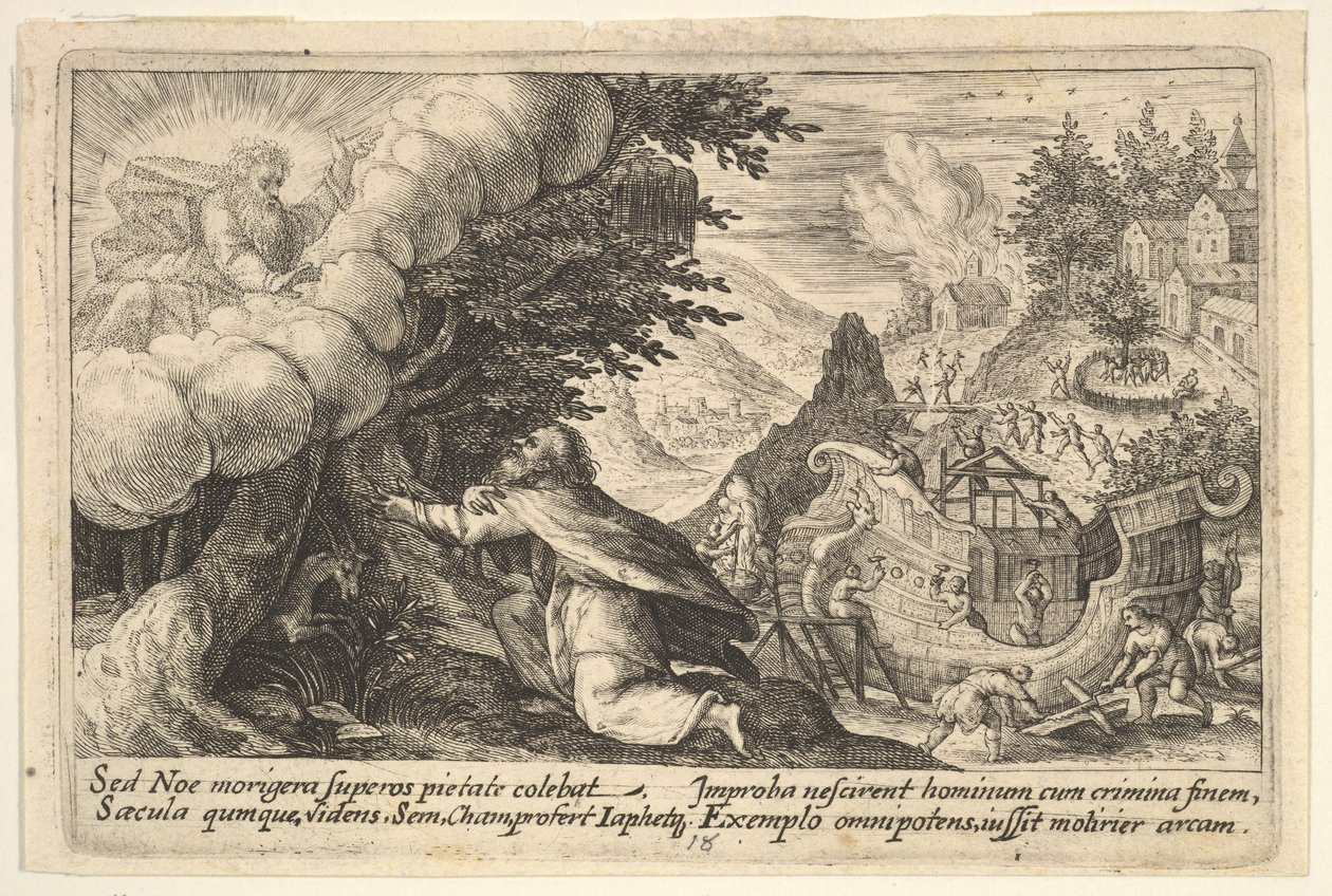 Noah Kneeling Before God at Left, the Construction of the Ark Underway Beyond, from a Series by Crispijn de Passe I