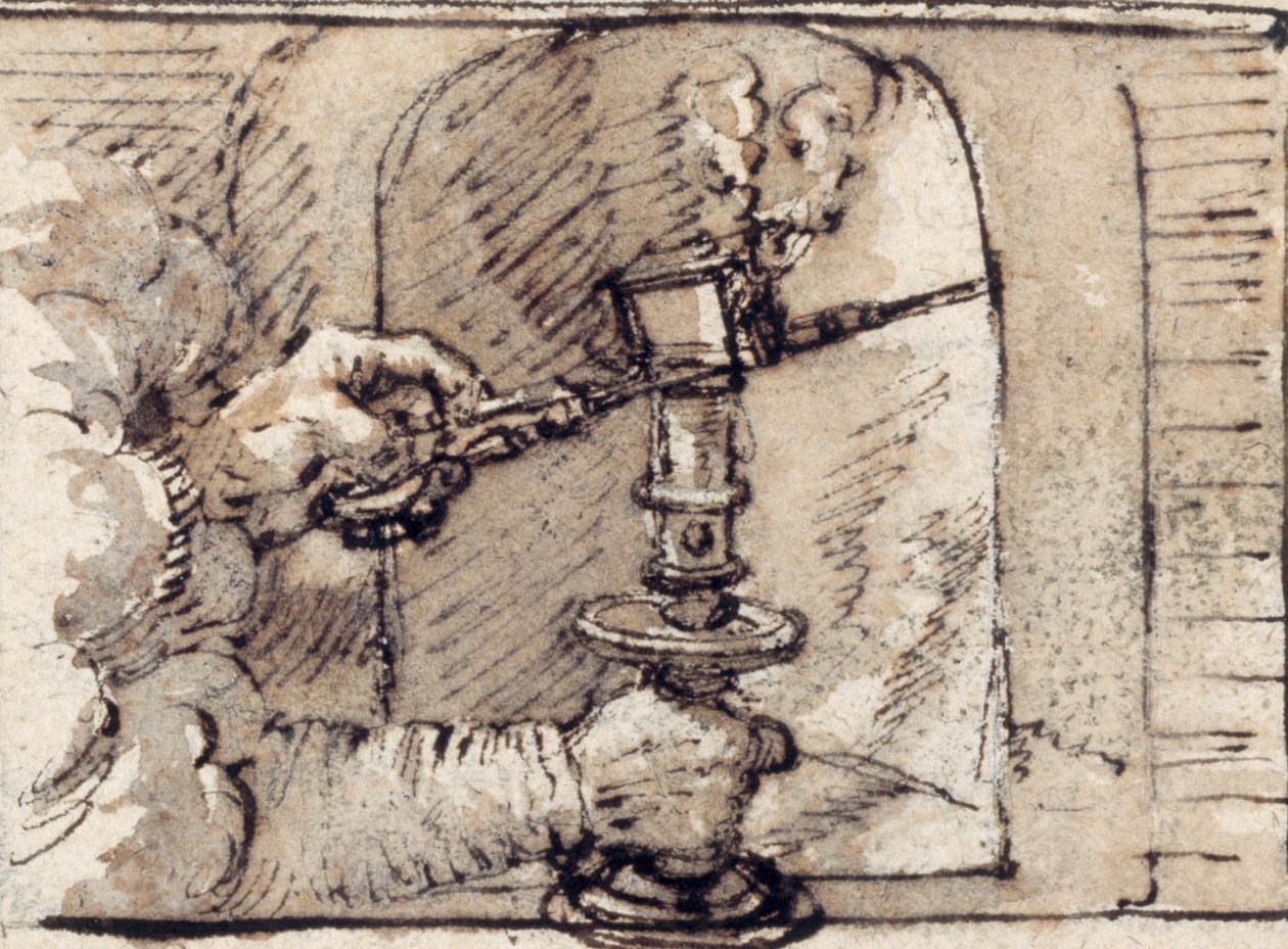 A pair of hands issuing from cloud, snuffing a candle in a candlestick by Crispin I de Passe