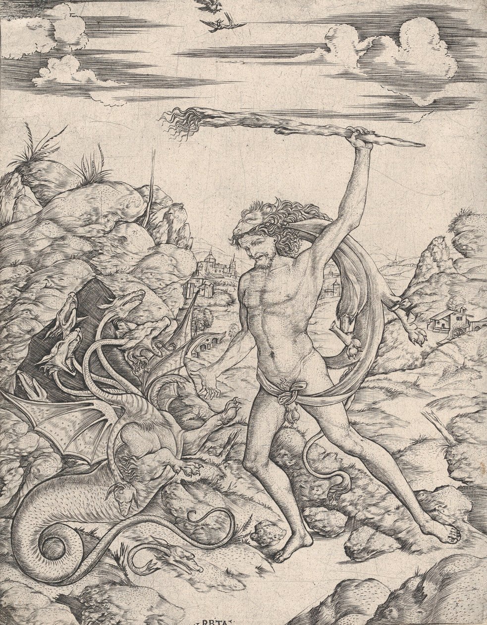 Hercules and the Hydra, wielding a torch he attacks the winged, multi-headed Hydra, ca. 1500-1520 by Cristofano di Michele Martini
