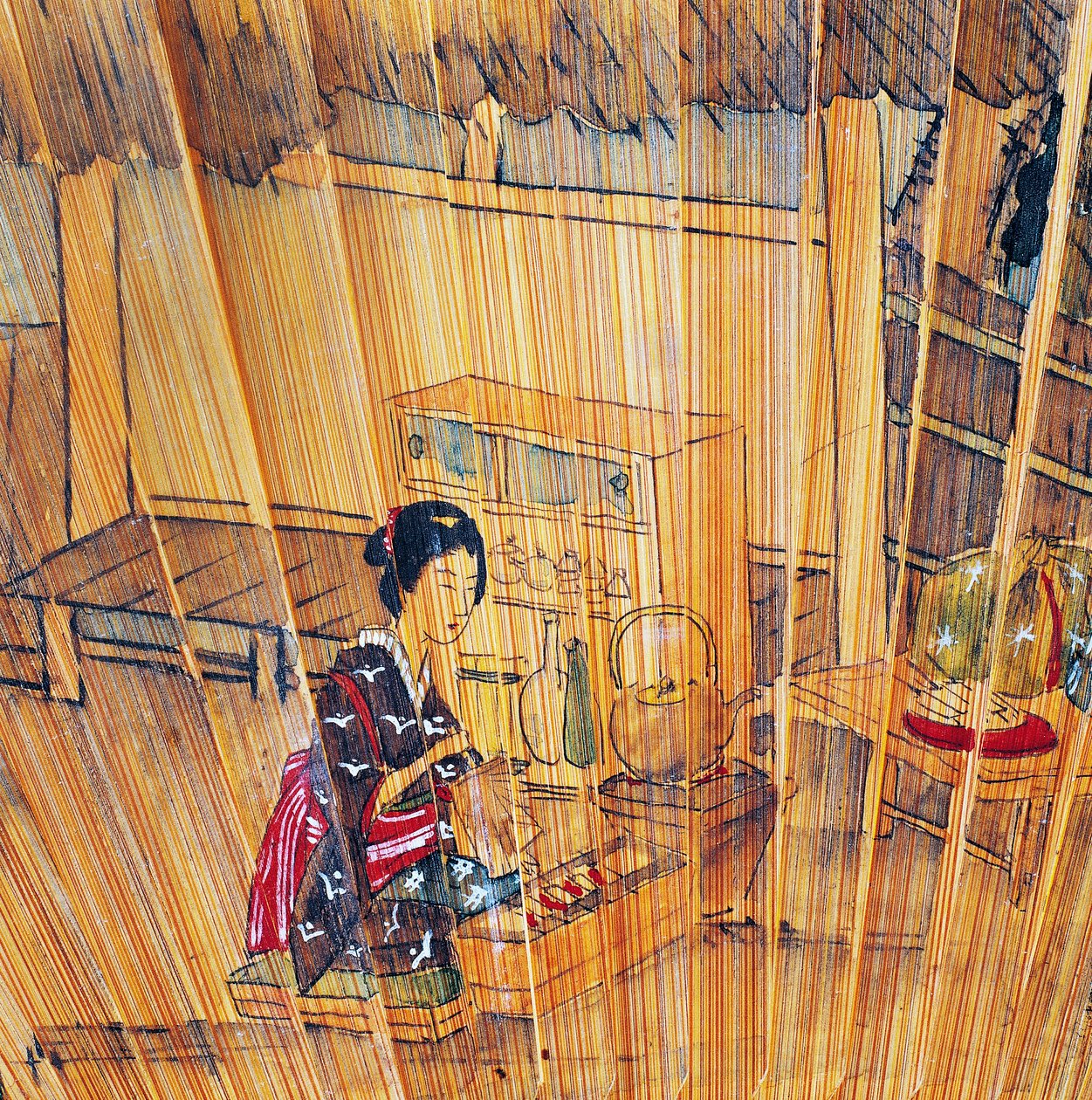 Double-sided fan with lacquered wood slats and guard depicting tea preparation by Culture Edo