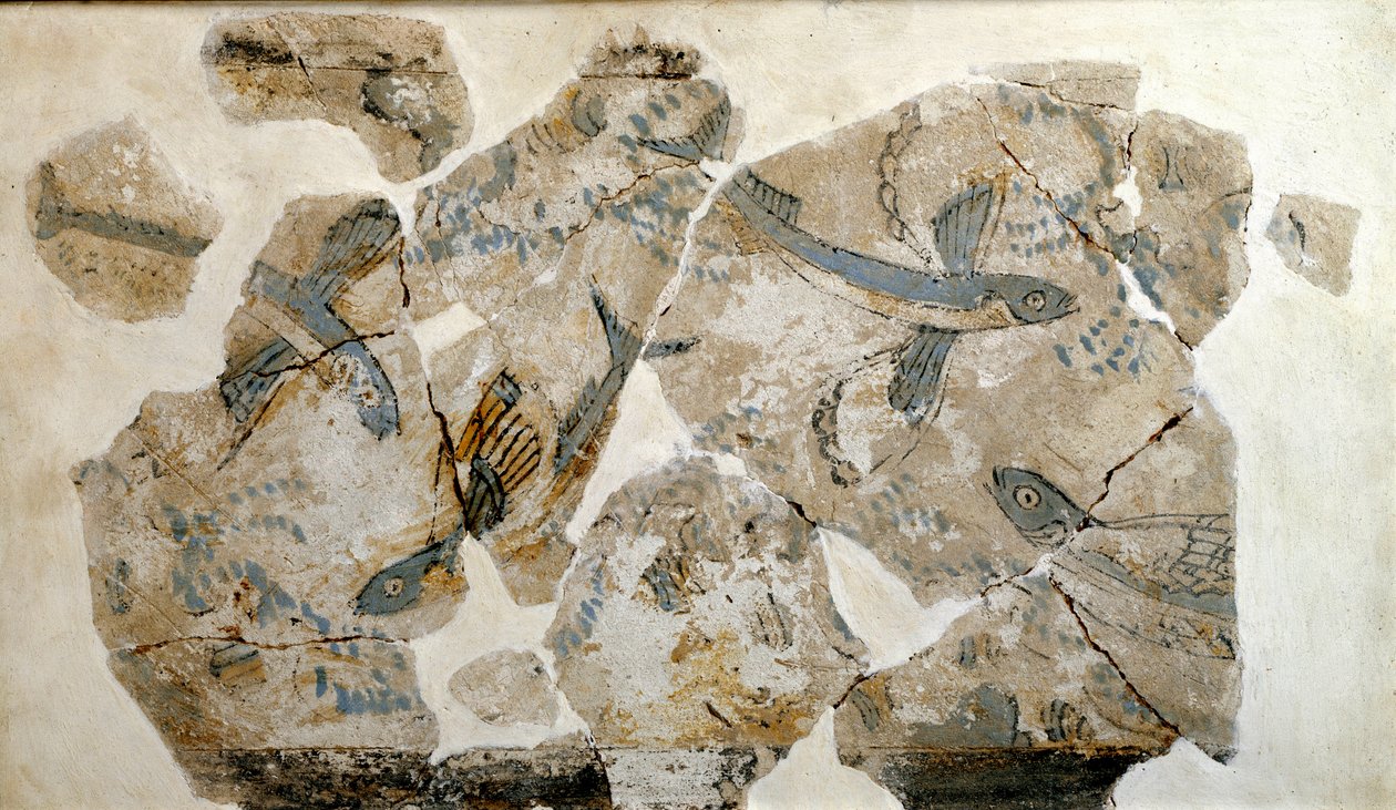 Cycladic art: fragment of fresco depicting flying fish (sea swallows). from the site of Phylakopi (island of Melos) 2500 BC Dim. 23 cm Athens, national archeological museum by Cycladic