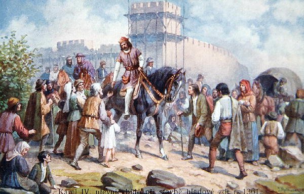 Charles IV greeting ordinary people during his expansion of fortifications of Prague in 1361, early twentieth century postcard by Czech School