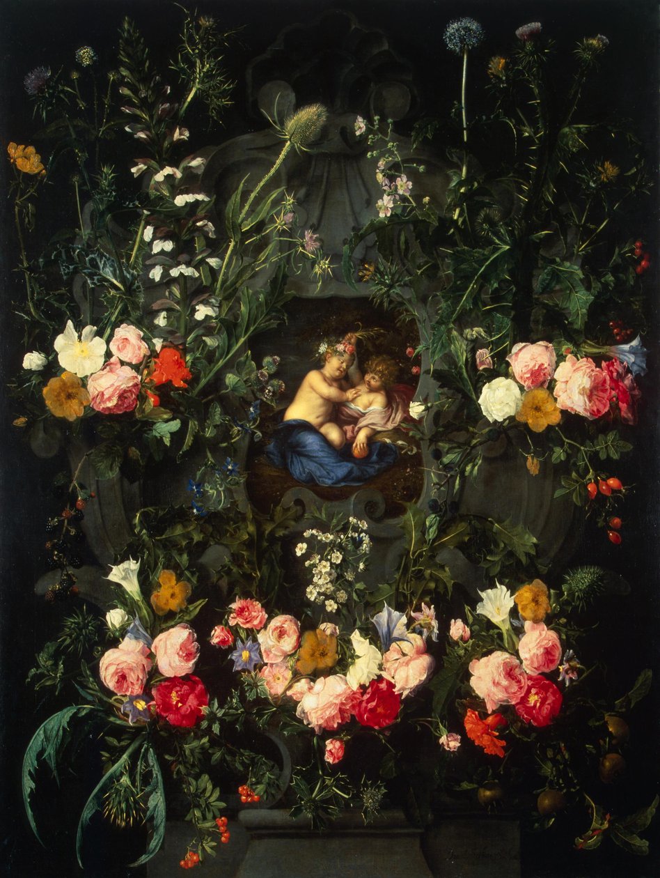 Garland of flowers around a cartouche with Jesus and St. John the Baptist as children by Daniel Seghers
