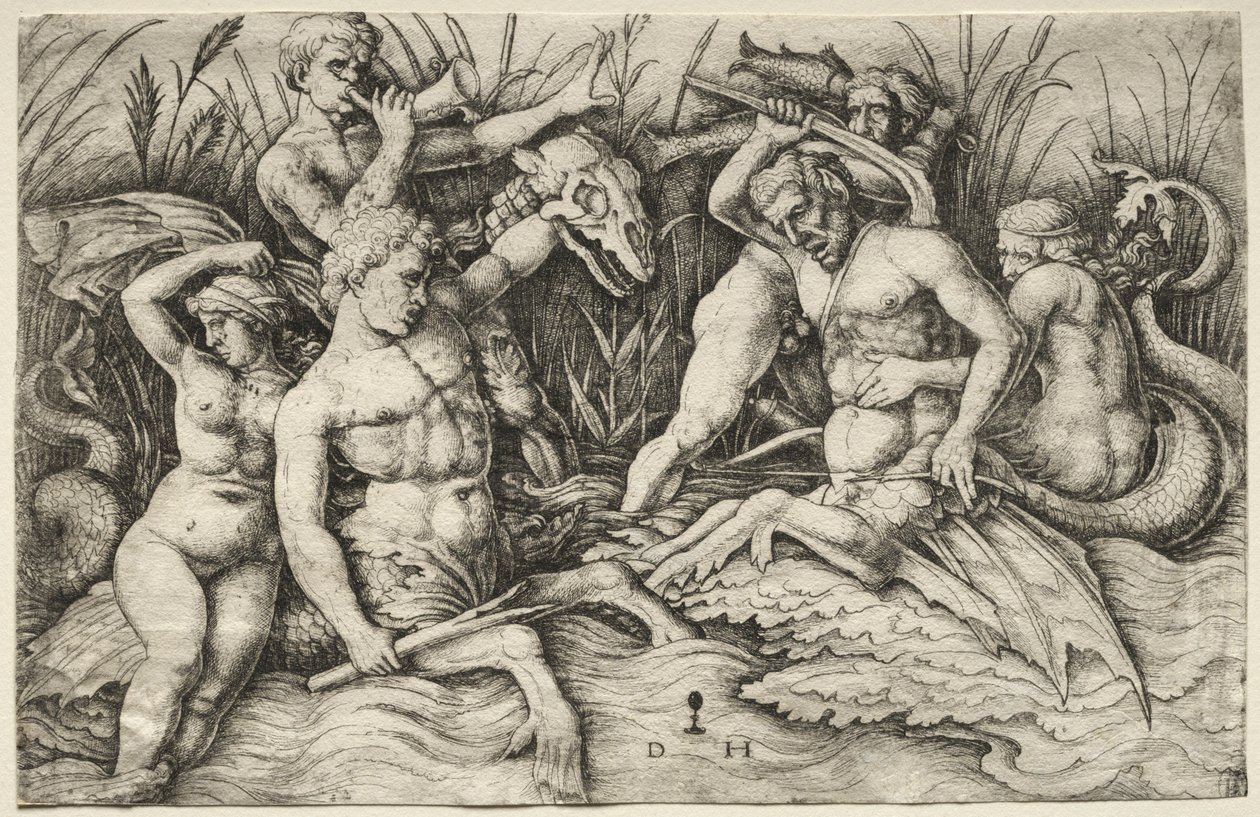 Two Tritons Fighting - Battle of the Sea Gods (detail) by Daniel Hopfer