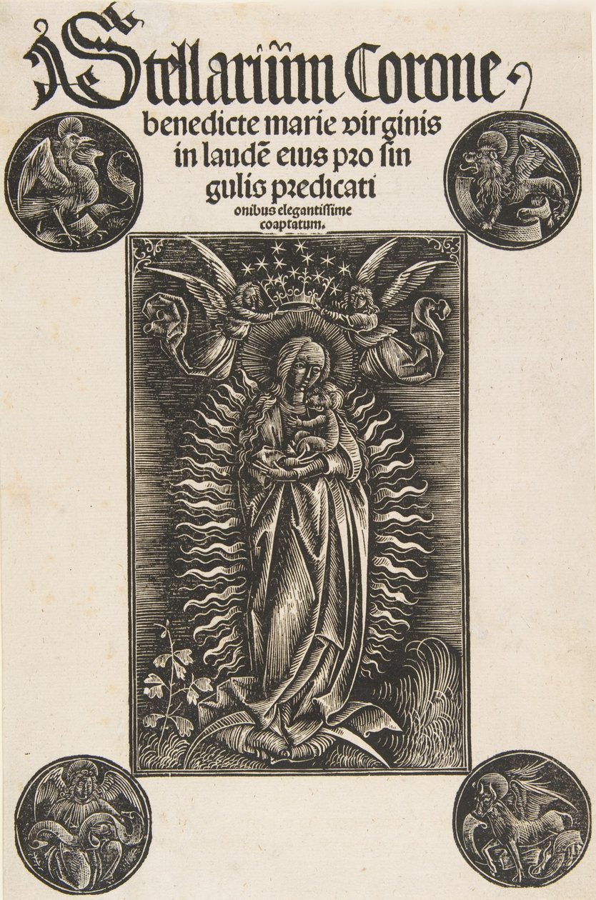 Virgin on a Crescent, Title-page from Pelbartus de Temesvar: Stellarium corone Schr. 2869 by Daniel Hopfer.