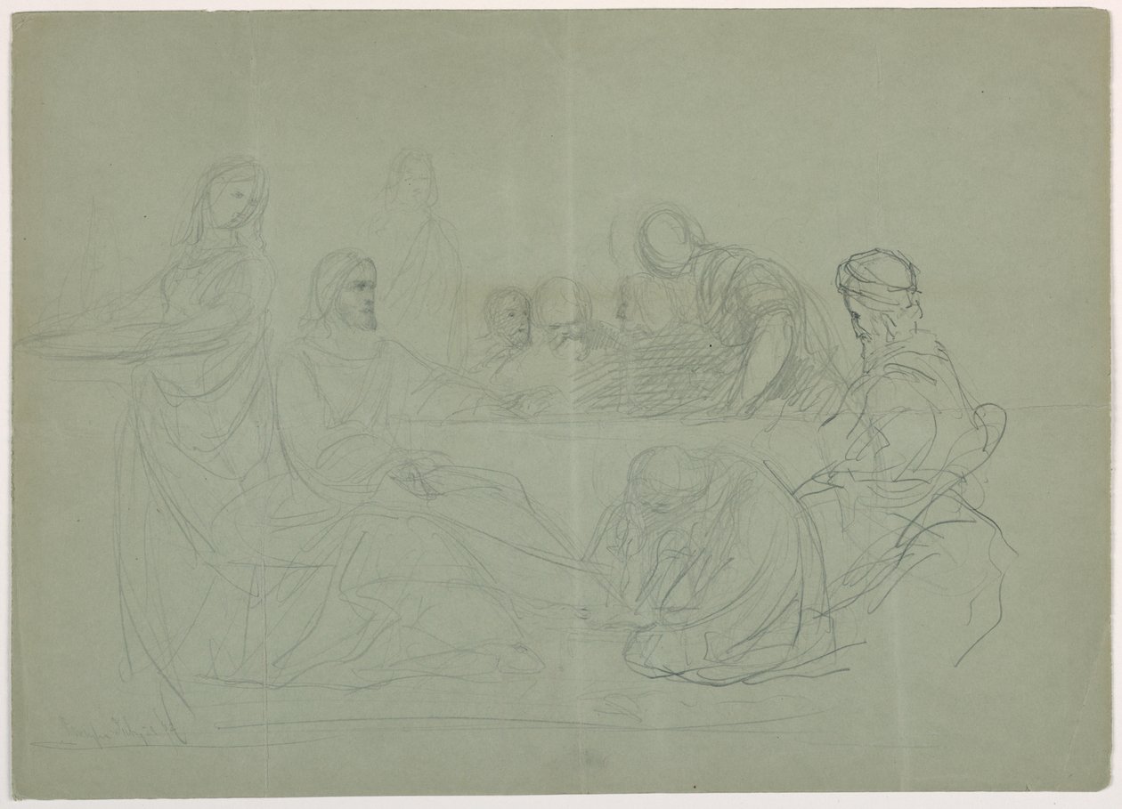 Mary Washing the Feet of Christ, Several Men Seated at a Table; Verso: Notes, 1852 by Daniel Huntington