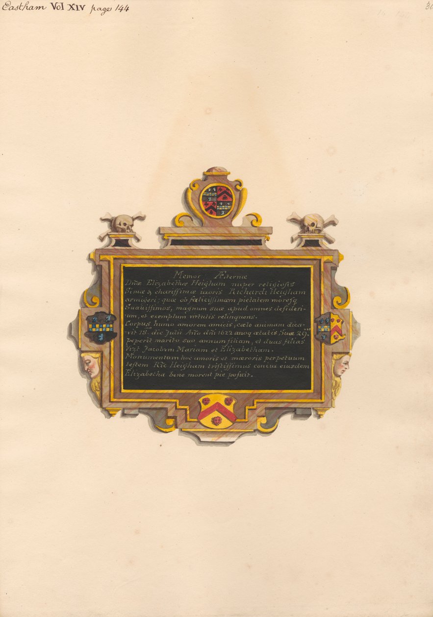 Memorial to Elizabeth Heigham from East Ham Church by Daniel Lysons
