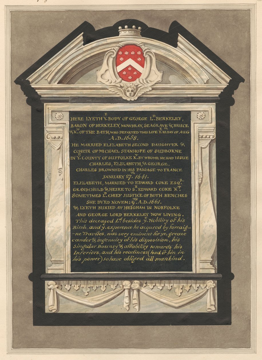 Memorial to George Lord Berkeley from Cranford Church by Daniel Lysons