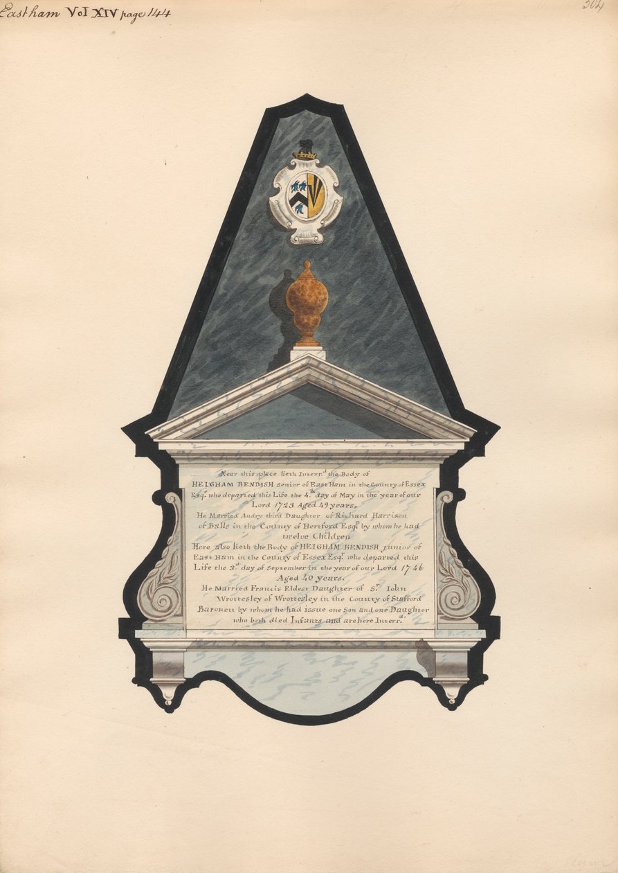 Memorial to Heigham Bendish and Heigham Bendish Junior from East Ham Church by Daniel Lysons