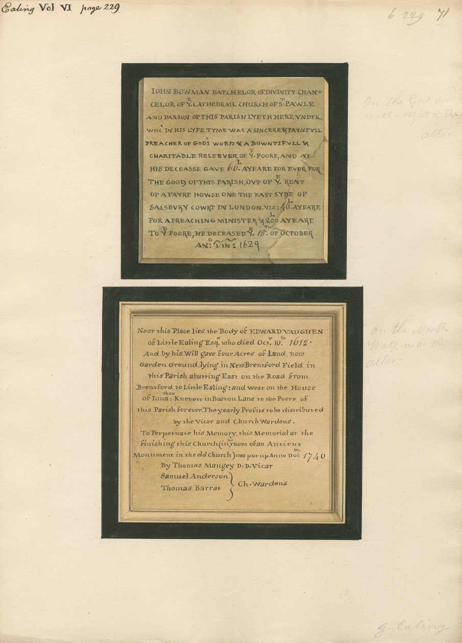 Memorial to John Bowman and to Edward Vaughen from Ealing Church by Daniel Lysons