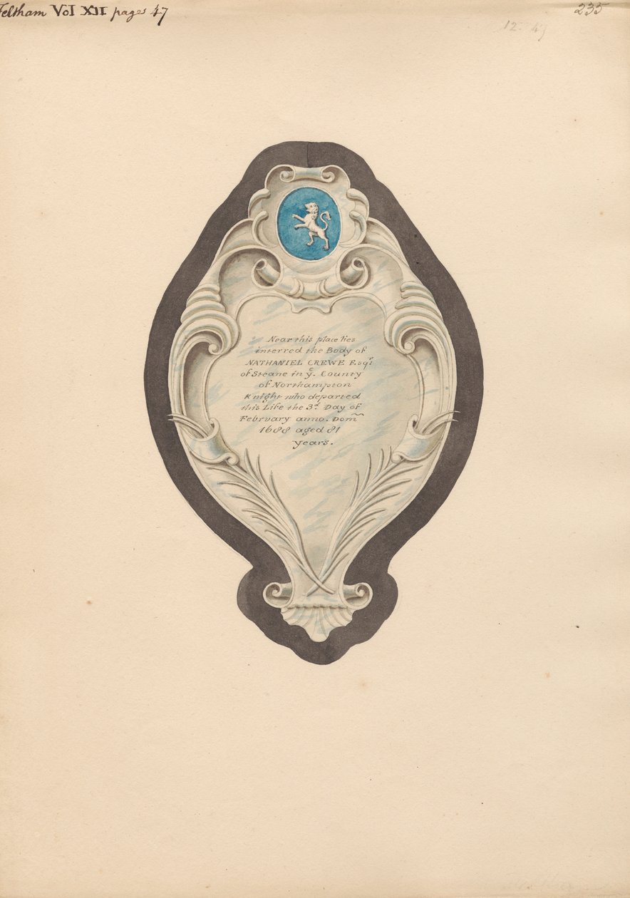 Memorial to Nathaniel Crewe from Feltham Church by Daniel Lysons