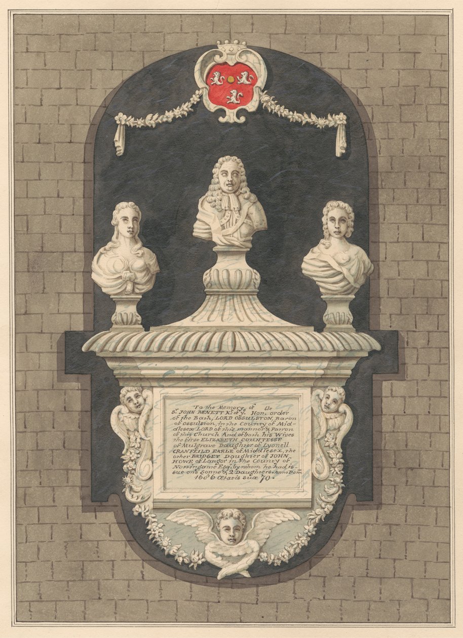 Memorial to Sir John Benett and his wives Elizabeth and Bridget from Harlington Church by Daniel Lysons